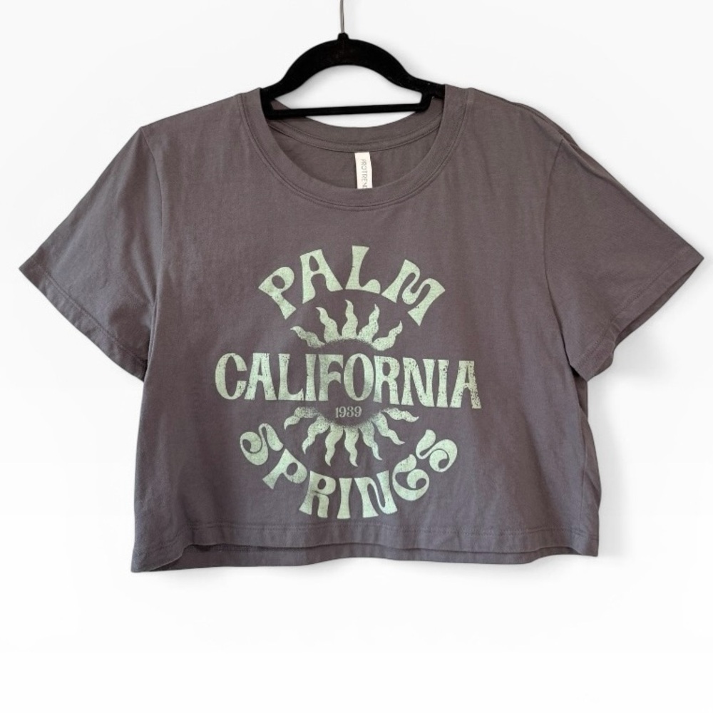 Palm Springs Cotton Cropped Short Sleeve Crew Neck Tee Shirt Grey Aqua Small